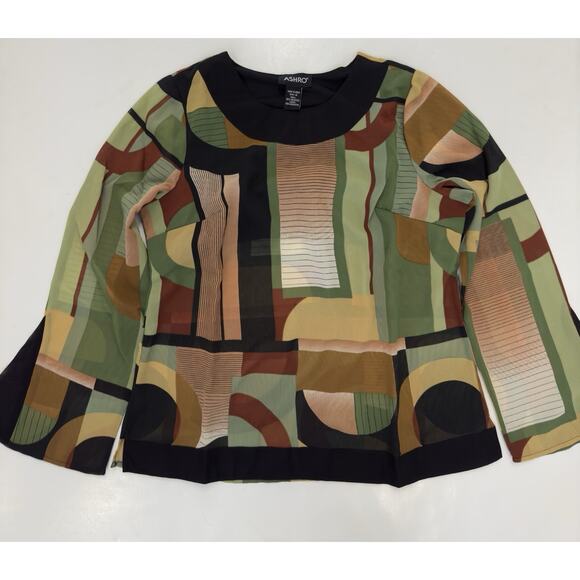 ASHRO Shani Body-Skimming Georgette Top in Geometric Print with Flared Sleeves M - Picture 1 of 3